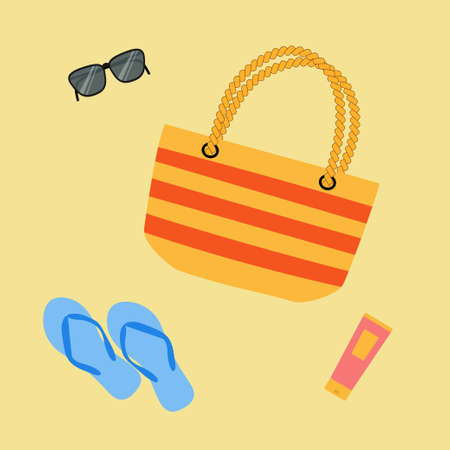 Summer bag, sunglasses, flip flops and suncream on sand. Good for vacation poster, beach party invitation, summer design. vector illustrationのイラスト素材