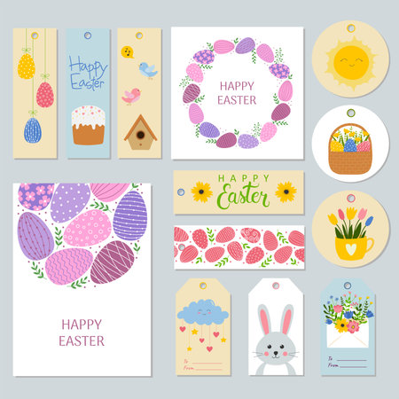 Set of Easter gift tags, labels and greeting cards with cute cartoon characters and lettering. Doodle flat style. vector illustrationのイラスト素材