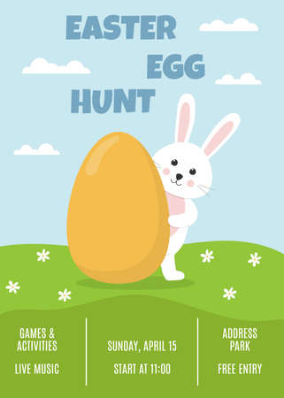 Easter egg hunt banner with cute easter bunny. Rabbit looks out of easter egg. vector illustrationのイラスト素材
