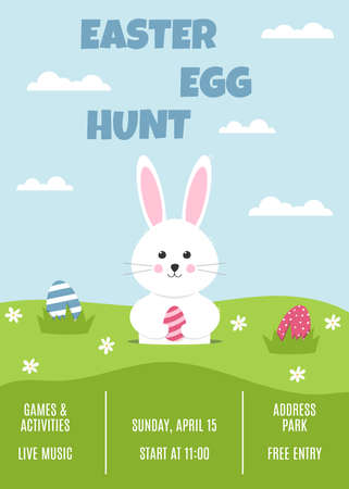 Easter egg hunt banner with cute easter bunny. Rabbit looks out of the hole and holds easter egg. . vector illustrationのイラスト素材