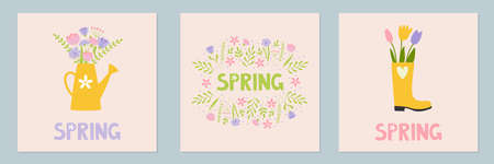 Set of spring mood posters template. Welcome spring season greeting card. Minimalist postcards with cute cartoon elements and lettering. Doodle flat style. vector illustrationのイラスト素材