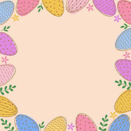 Frame of easter decorated eggs and leaves. Colorful eggs on pink background. vector illustrationのイラスト素材