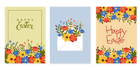 Set of Easter greeting cards. Hand drawn text with colorful flowers. Template for poster, greeting...