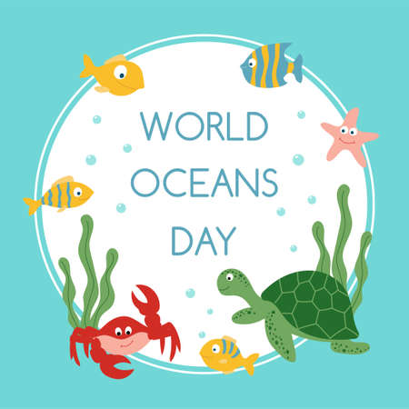 world oceans day template. Cute turtle, fishes and starfish under the water. Template for postcard, poster, wedding banner. vector illustrationのイラスト素材