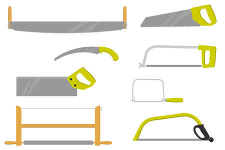 Set of various types of saws. Tools for gardening, repair and construction. isolated vector illustrationのイラスト素材