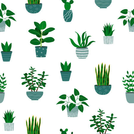 Seamless pattern of houseplants in flowerpots. Cartoon colorful plants on white backgroundのイラスト素材