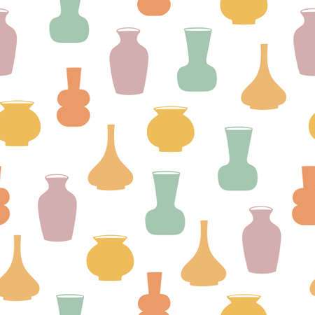 Seamless pattern of hand drawn vases. Clay pottery in pastel colors on white backgroundのイラスト素材