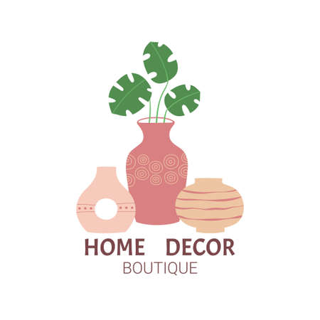 Home decor boutique design template. Set of clay pottery, ceramic pots, vases in pink colorsのイラスト素材