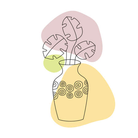 Cute vase with branches and leaves. Line art doodle style with colorful abstract shapes. Perfect for cards, decorations, logo. Isolated vector illustration.のイラスト素材