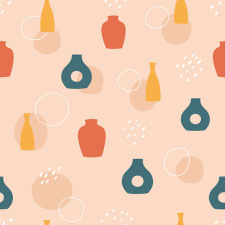 Seamless pattern of hand drawn vases. Blue, yellow and red clay pottery and abstract shapes on pink background. vector illustrationのイラスト素材