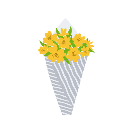 Bouquet with yellow flowers wrapped in craft paper. Florist composition for holiday celebration. Design element for greeting card, invitation, stickers, postcard, poster, printのイラスト素材