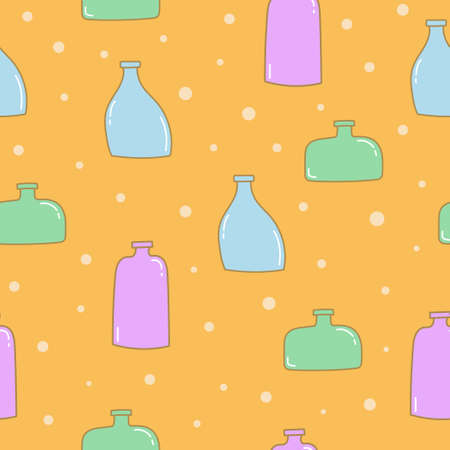 Seamless pattern of hand drawn bottles. Colorful flower vases on yellow background. vector illustrationのイラスト素材