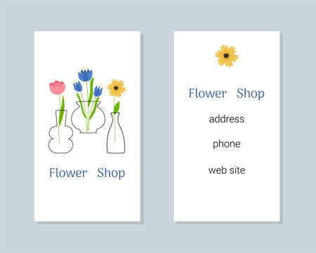 flower shop business card. Line art doodle vases with colorful flowers. vector illustrationのイラスト素材
