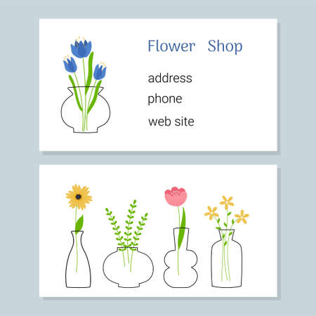 flower shop business card. Line art doodle vases with colorful flowers. vector illustrationのイラスト素材