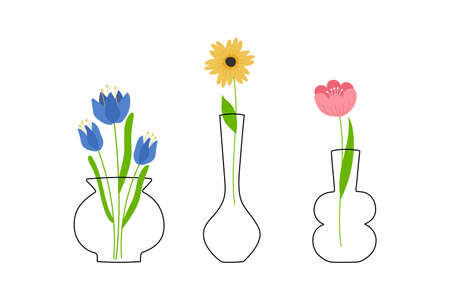Set of line art vases with colorful flowers. Perfect for cards, decorations, logo. Isolated vector illustration.のイラスト素材