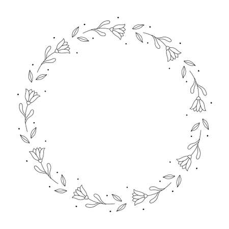 Line art flowers and leaves frame. Design element for greeting card, invitation, poster, social mediaのイラスト素材