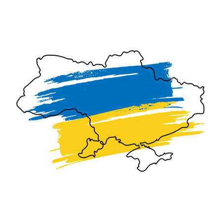 Line art map of Ukraine with blue and yellow brush stroke. Save Ukraine. Design element for sticker, banner, poster, cardのイラスト素材
