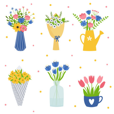 Set of flower bouquets. Bunch of plants in vase, cup and watering can collection. Design element for greeting card, invitation, stickers, postcard, poster, printのイラスト素材