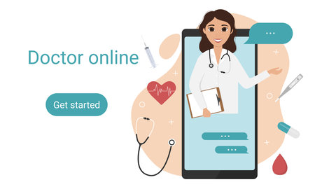 Online Health Care Services landing page. Female doctor through the phone screen. Tele medicine, online doctor and medical consultation concept. Flat cartoon style vector illustration.のイラスト素材