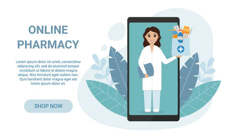 Online pharmacy landing page. Female pharmacist through the phone screen holds bag with medicines inside. Home delivery pharmacy service concept. vector illustrationのイラスト素材