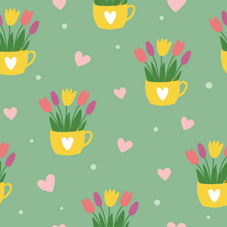 Hand drawn tulips bouquet in yellow cup. Spring flowers seamless pattern in pastel colors. Template for greeting card, invitation, banner, print, postcard. vector illustrationのイラスト素材