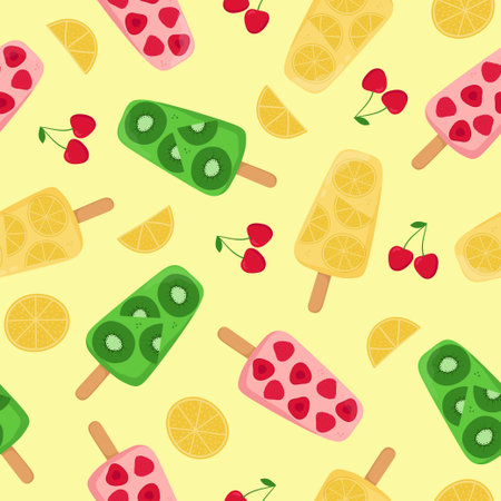 Seamless pattern of fruit ice cream. Fruit ice creams, cherry and fruit slices on yellow background....