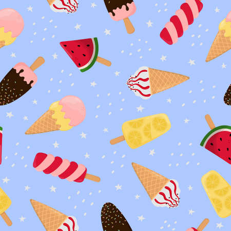 Seamless pattern of colorful ice cream, stars and polka dots. Background for poster, print, cards, wrapping paper, clothes decoration and ice cream shop. vector illustrationのイラスト素材