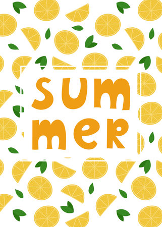 Poster, card with hand drawn lettering Summer. Lemon slices and leaves background
