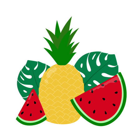 Hand drawn pineapple, watermelon and leaves design. Cartoon tropical fruit.