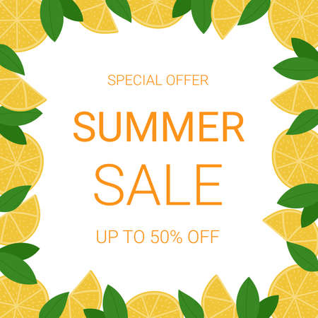 Summer sale banner template with leaves and lemons frame. Template for social media, flyer and poster. vector illustrationのイラスト素材