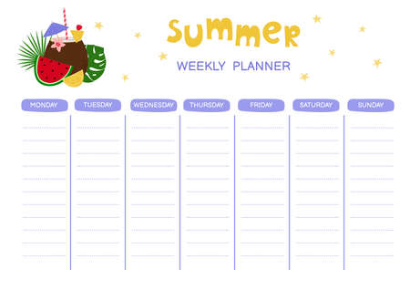 Weekly planner with cute summer cocktail. Doodle flat style. Good for notebook, agenda, diary, organizer, schedule. vector illustrationのイラスト素材