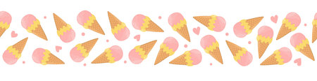 Ice cream seamless border. Waffle cone with scoops of ice cream and pink hearts. vector illustration