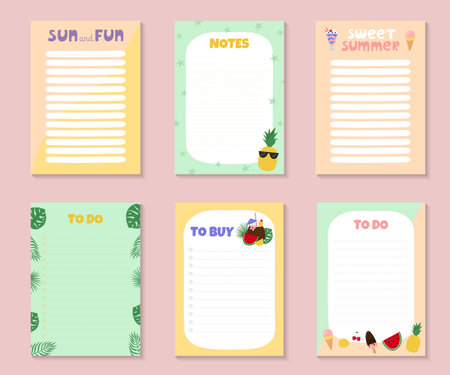 Templates for notes, to do and buy list with cute summer objects and lettering. Colorful ice cream, fruits, berries and tropical leaves. vector illustrationのイラスト素材