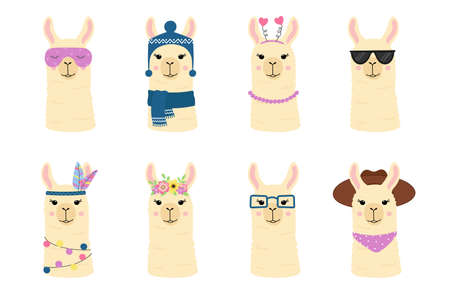 Cute llamas heads collection. Funny alpacas with different accessories. Template for nursery design, poster, stationery, birthday card, invitation, t shirt print, baby shower and party decorのイラスト素材