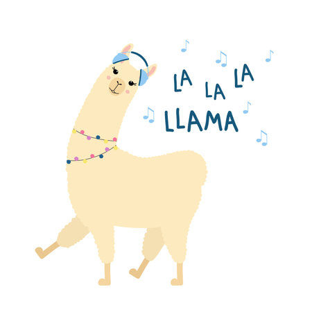 Cute llama walking. Cartoon alpaca with earphones and music notes. Template for nursery design,...