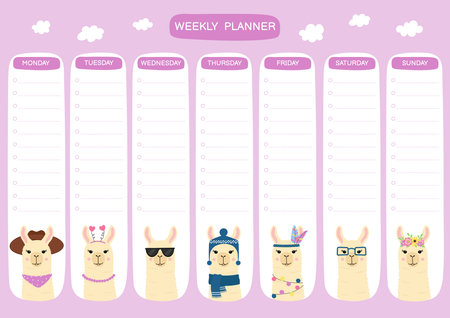 Weekly planner with cute llamas. Doodle flat style. Good for notebook, agenda, diary, organiser, scheduleのイラスト素材