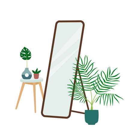 Interior design of a room with floor mirror, table and houseplants. Trendy composition with home decorations. isolated vector illustrationのイラスト素材