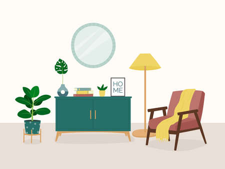 Interior design of living room with armchair, sideboard, floor lamp, mirror and houseplant. Trendy composition with home decorations. isolated vector illustrationのイラスト素材