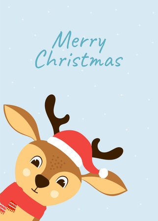 Christmas greeting card with cute deer head with red hat and scarf. hand drawn cartoon characters. vector illustrationのイラスト素材