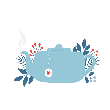 Blue teapot, winter leaves and berries. Template for cozy winter design.のイラスト素材
