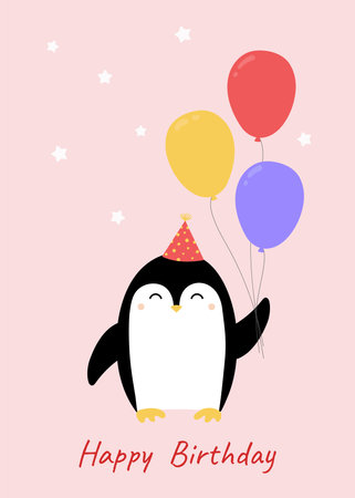 Happy birthday greeting card with cute penguin and balloons. Template for nursery design, poster, birthday card, invitation, baby shower and party decor. vector illustrationのイラスト素材