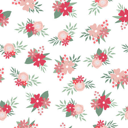 Seamless pattern with flowers bouquets. Endless print made of flowers and leaves in pastel colors on white background .のイラスト素材