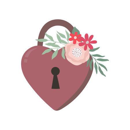 Heart shaped lock with flowers bouquet. Valentines day concept. Design element for greeting card, invitation, print, poster, banner. isolated vector illustrationのイラスト素材