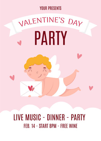 Valentines Day party invitation. Cute cupid with envelope and hearts.のイラスト素材