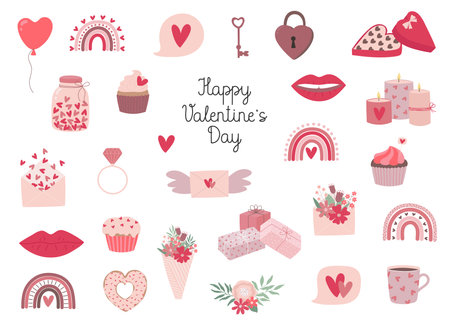 Set of Valentines Day hand drawn cute elements. Template for greeting card, invitation, poster, banner, gift tag, printのイラスト素材