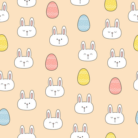 Seamless pattern with cute bunny heads and Easter eggs on pink background. Template for baby design, Easter decorのイラスト素材