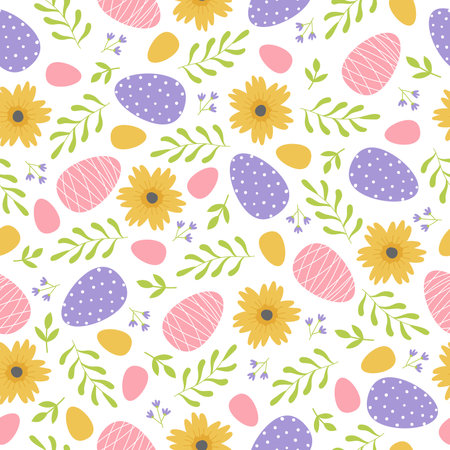 Seamless pattern with branches, flowers and easter eggs on white background. Template for greeting card, invitation, poster, print. vector illustrationのイラスト素材