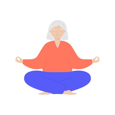 Senior woman sits cross-legged and meditates. Old woman does morning yoga or breathing exercises. isolated vector illustrationのイラスト素材