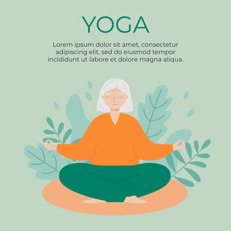 Senior woman sits cross-legged and meditates. Old woman does morning yoga or breathing exercises. Yoga poster or banner template. vector illustrationのイラスト素材
