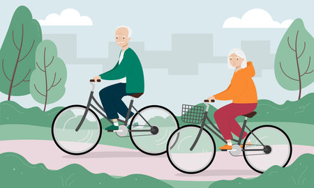 Senior man and woman riding bicycles in the city park. Old man and woman on bikesのイラスト素材